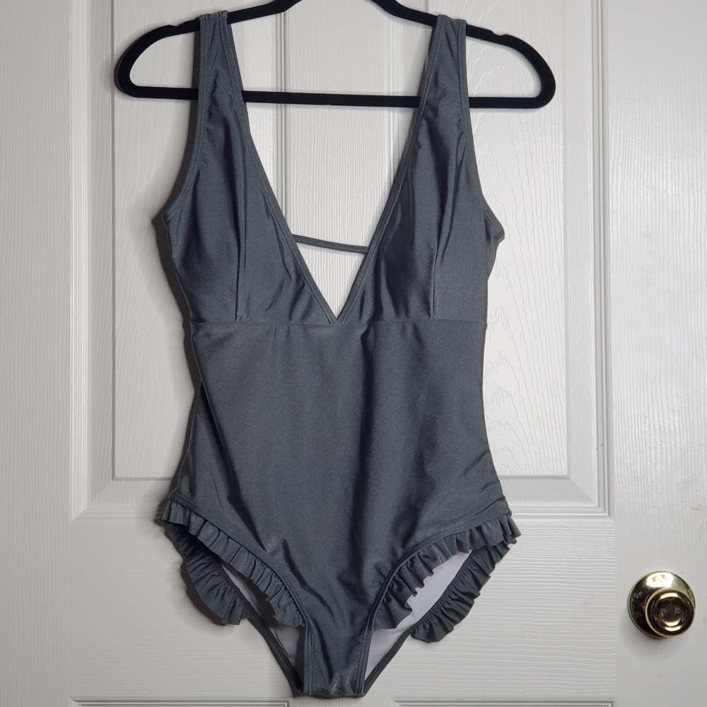 Cup She one piece swimsuit in steel gray with a dark greenish tint ruffle Medium